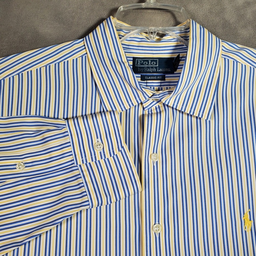 Polo Ralph Lauren Shirt Mens XL Blue Yellow Striped Button Classic Fit Preppy